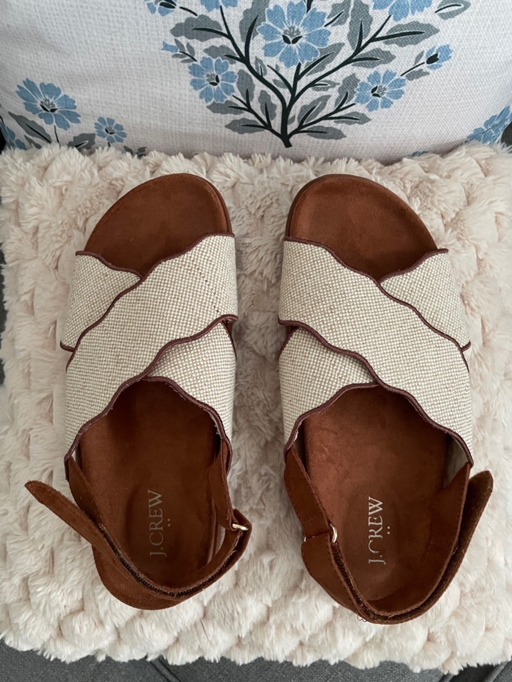 J. Crew Cream and Brown Woven Crisscross Slide Sandals